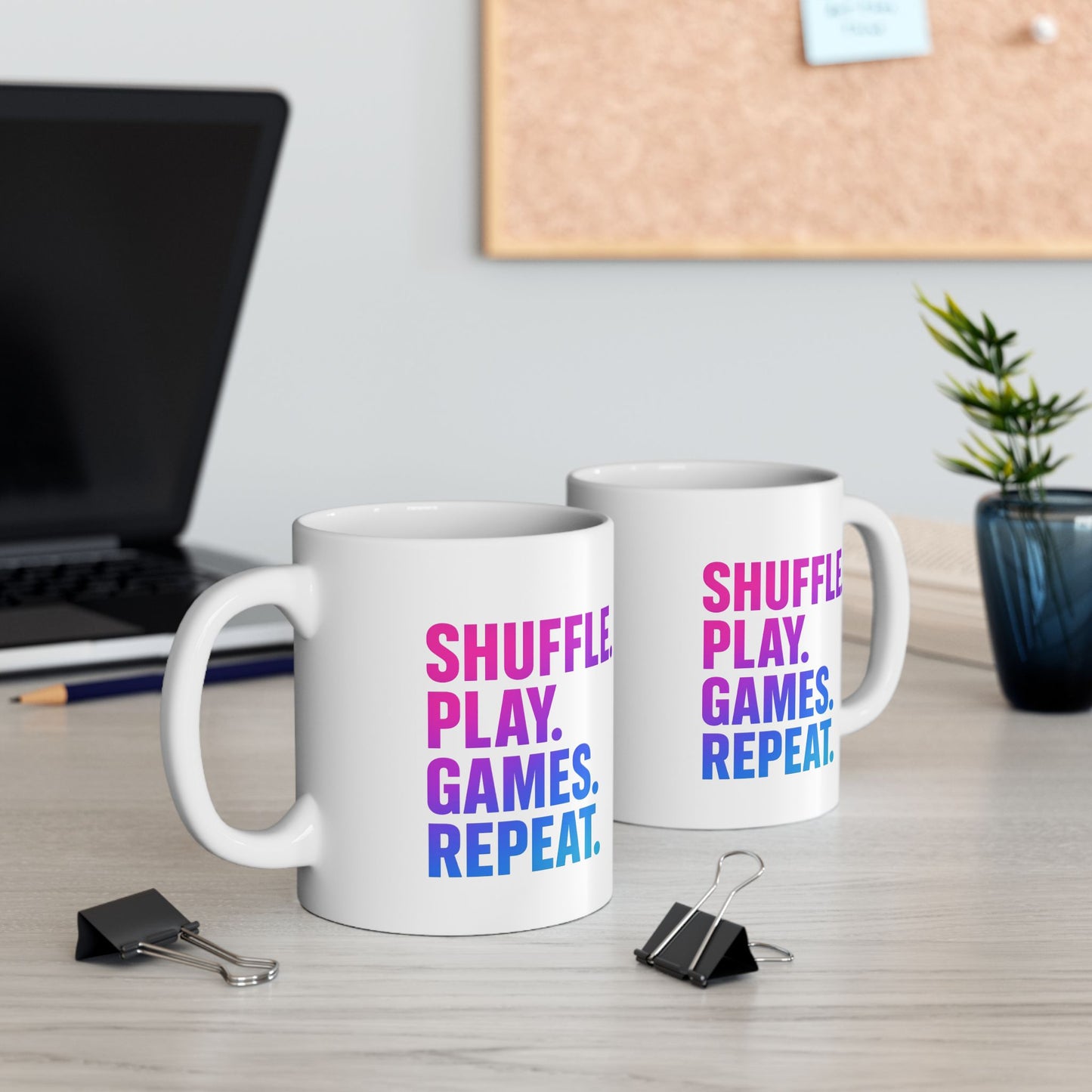 Shuffle Play Games Ceramic Mug – “Shuffle. Play. Games. Repeat.” – Glossy Coffee Cup for Gamers & TCG Fans