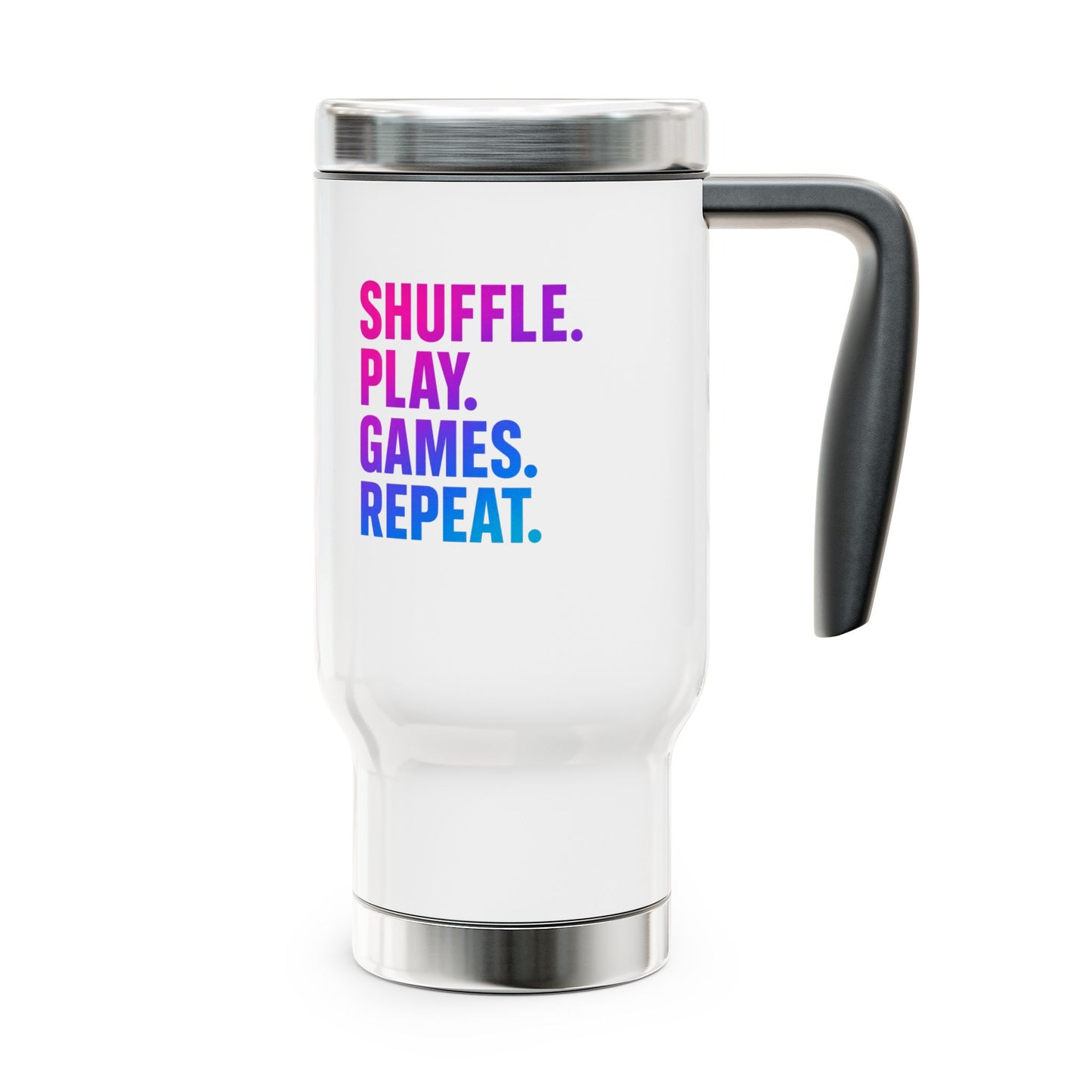 Shuffle Play Games Travel Mug – “Shuffle. Play. Games. Repeat.” Insulated Coffee Cup for Gamers & TCG Fans