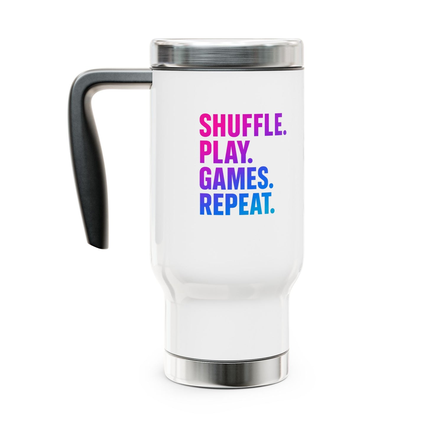 Shuffle Play Games Travel Mug – “Shuffle. Play. Games. Repeat.” Insulated Coffee Cup for Gamers & TCG Fans