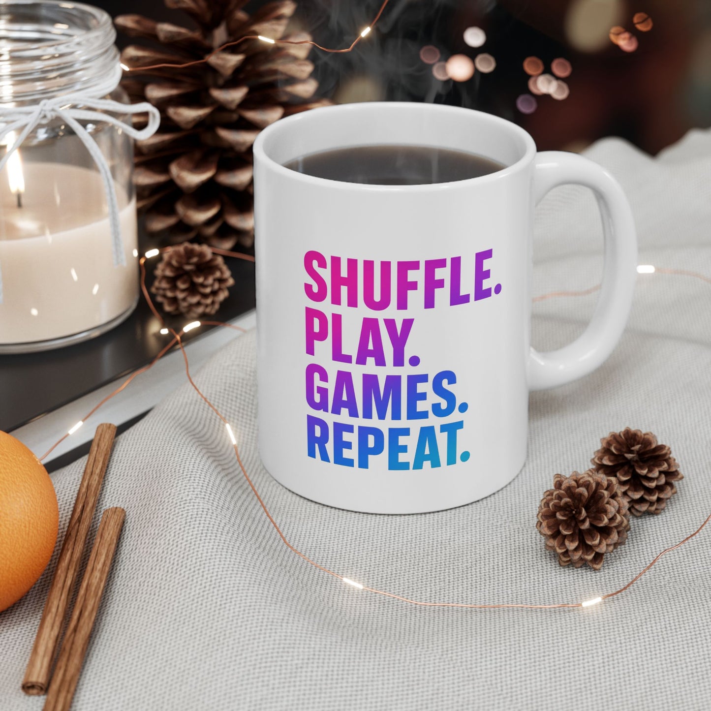 Shuffle Play Games Ceramic Mug – “Shuffle. Play. Games. Repeat.” – Glossy Coffee Cup for Gamers & TCG Fans