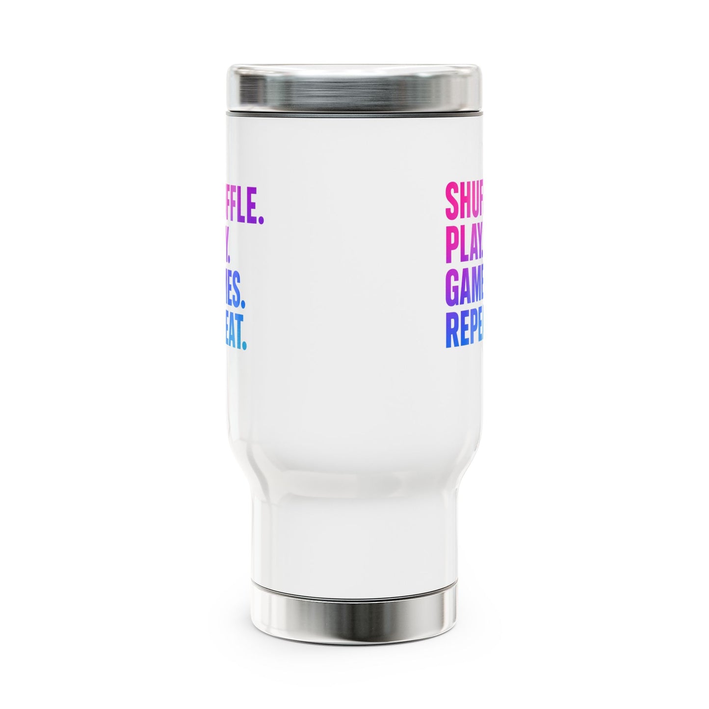 Shuffle Play Games Travel Mug – “Shuffle. Play. Games. Repeat.” Insulated Coffee Cup for Gamers & TCG Fans