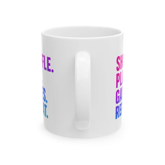 Shuffle Play Games Ceramic Mug – “Shuffle. Play. Games. Repeat.” – Glossy Coffee Cup for Gamers & TCG Fans